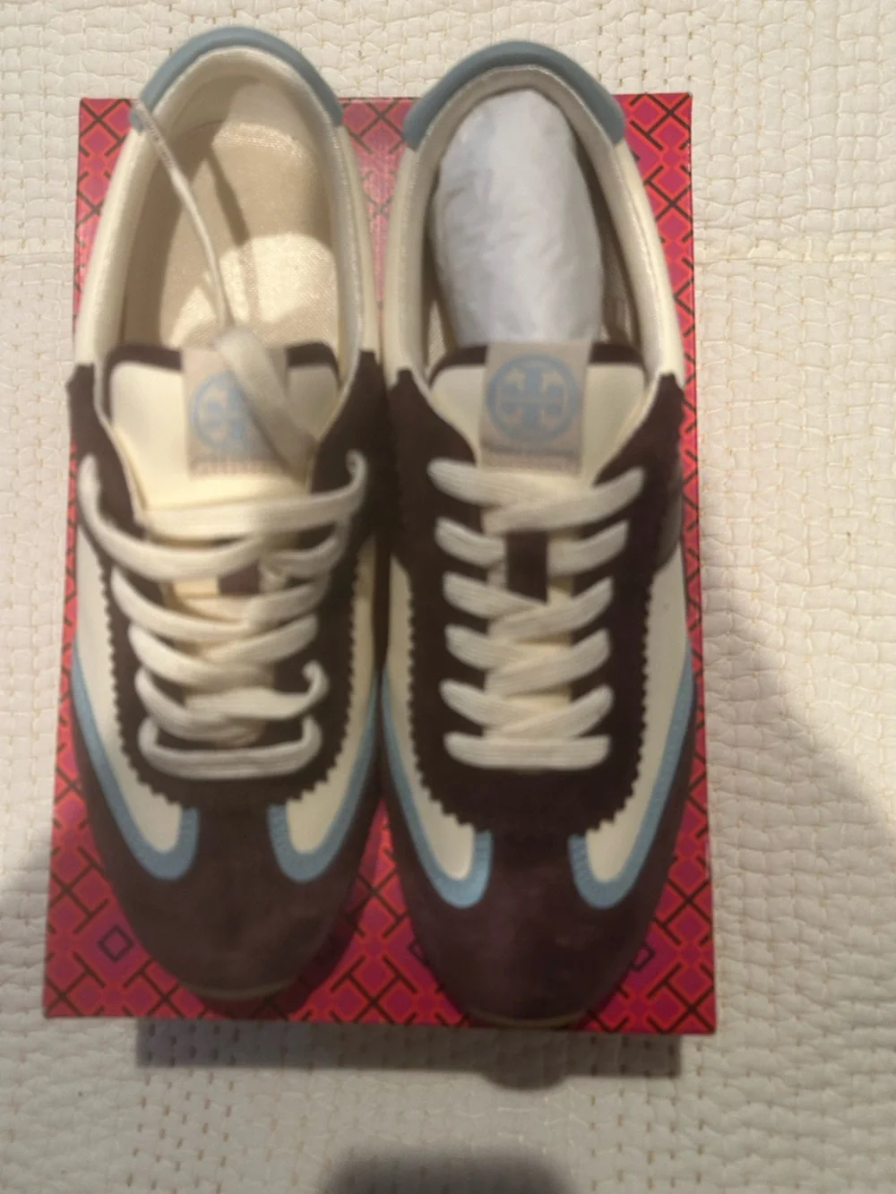 Tory Burch Cream,HANK SNEAKER Light Blue & Dark Brown Suede Lace-Up Sneakers